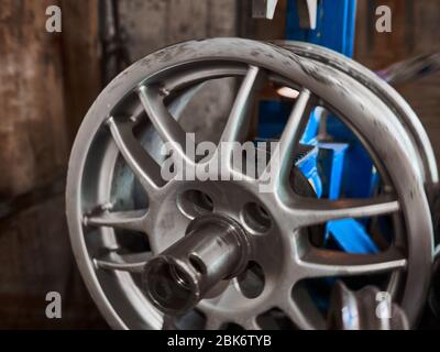 Welding alloy rim. Damaged Alloy wheel repair Stock Photo