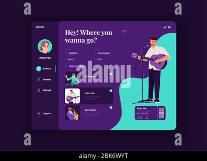Entertainment event planner tablet interface vector template. Mobile app page night mode design layout. User profile screen. Flat UI for application Stock Vector