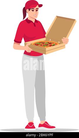 Female courier in red shirt holding pizza semi flat RGB color vector illustration Stock Vector