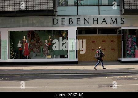 London, UK. 1st May, 2020. Photo taken on May 1, 2020 shows the closed Debenhams store on Oxford Street, in London, Britain. Credit: Tim Ireland/Xinhua/Alamy Live News Stock Photo