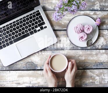 Woman working from home, drinking milk coffee and eating violet sweet homemade Zephyr or Marshmallow from black currant near laptop and lilac bouquet Stock Photo