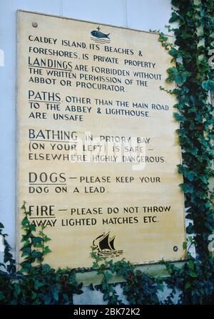 Caldey Island, Tenby, Pembrokeshire, South Wales. By-laws and warnings for visitors to the island. Stock Photo