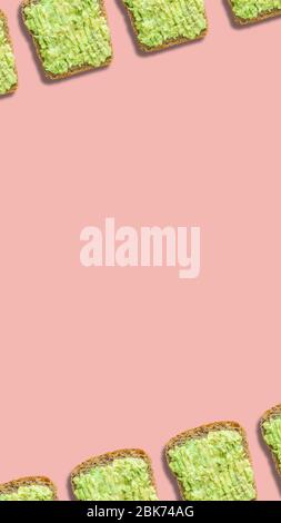Pattern of avocado toasts . Powder pink background. Creative vertical food pattern Stock Photo
