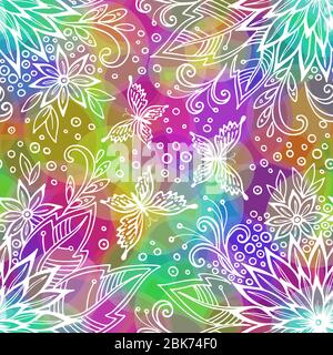 Seamless Pattern, Tile Floral Pattern, Symbolic White Flowers, Leafs and Butterflies Contours on Abstract Colorful Background with Circles. Vector Stock Vector