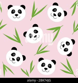 Cartoon panda face seamless pattern. Cute childish pink background with panda bear kawaii face and bamboo leaves Stock Vector