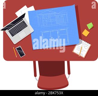 Architect workplace semi flat RGB color vector illustration Stock Vector