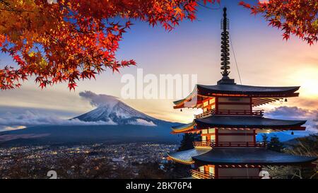 Beautiful landmark of Fuji mountain and Chureito Pagoda in autumn, Japan. Stock Photo