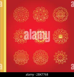 Golden vector traditional snowflakes on red background. Stock Vector