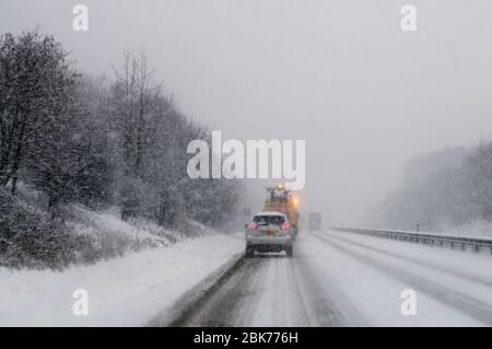 View through car windscreen during heavy snowfall on A47 Norfolk December 2009 Stock Photo