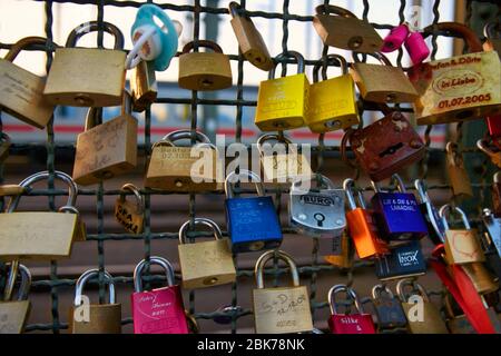 Love padlocks Hohenzollern Bridge - love castles, friendship castles on the railway bridge, Hohenzollern Bridge Stock Photo