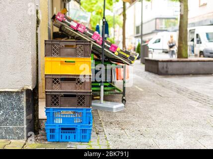 Colorful transport boxes. A small fruit and vegetable shop. Small shopping. Local shop. Stock Photo