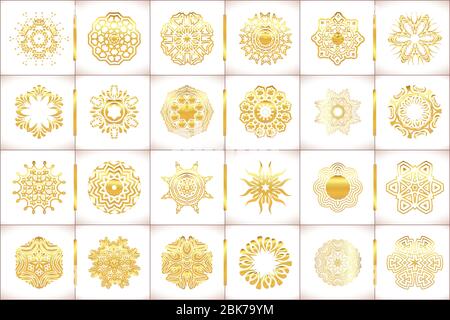 Vector templates with  gold and white mandala. Geometric logo template set.  Vector templates for  wedding design, kaleidoscope, medallion, india, ara Stock Vector