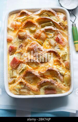 Rhubarb & ricotta bread & butter pudding with icing sugar Stock Photo