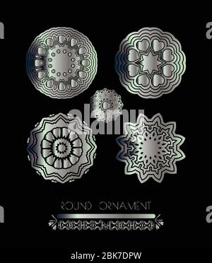 Silver texture. Silver mandala on black background Stock Vector