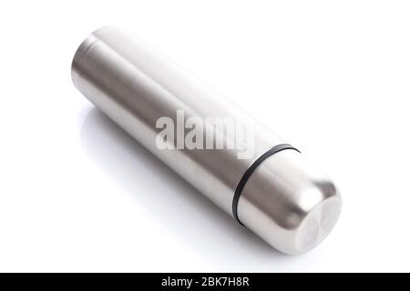 Steel travel thermos isolated on white background, close up Stock Photo
