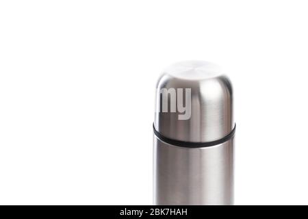 Stainless bottle. Coffee thermos stainless steel bottle isolated on white background. Stock Photo