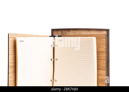 Open Wooden Notebook With Blank Pages isolated on white Stock Photo