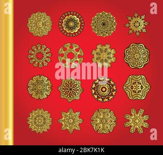 Traditional snowflakes on red background.  Art nouveau round ornaments. Stock Vector