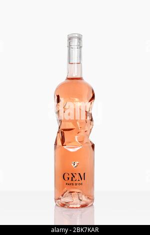 Bottle of French Rosé wine (Gem Pays d'Oc) isolated on white background. Stock Photo