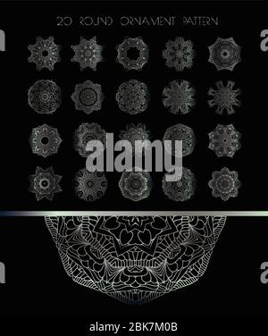 Silver texture. Silver mandala on black background Stock Vector
