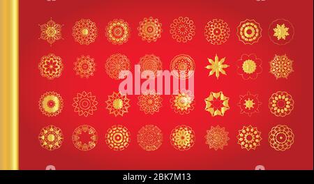 Golden vector traditional snowflakes on red background. Stock Vector