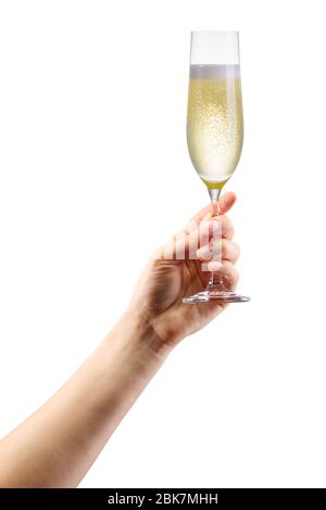 Woman hand holding glass of sparkling champagne isolated on white. Stock Photo