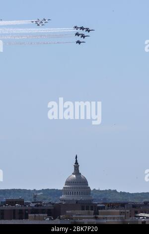 Washington, USA. 02nd May, 2020. The US Navy Blue Angels US Air Force Thunderbirds fly past the Capitol Building in Washington, DC, on May 2, 2020, in a tribute to essential workers during the coronavirus pandemic. - 'America Strong,' to be held in various US cities, recognizes healthcare workers, first responders, military, and other essential personnel on the front lines fighting the COVID-19 pandemic, according to the US Defense Department. (Photo by Oliver Contreras/SIPA USA) Credit: Sipa USA/Alamy Live News Stock Photo