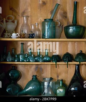 Apothecary (former pharmacy, 16-18th centuries). Glass containers. Royal Monastery of Santa Maria de Vallbona. Lleida province, Catalonia, Spain. Stock Photo