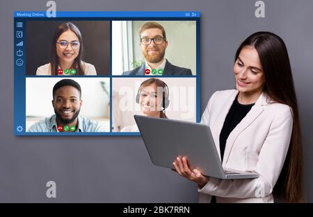 Communication via internet. Collage of young woman with laptop and video conference on screen, grey background Stock Photo