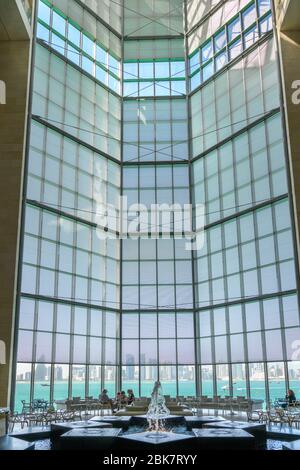 Interior of Museum of Islamic Art looking towards the West Bay skyline, Doha, Qatar, Middle East Stock Photo