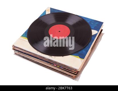 Pile of old vinyl records isolated on white background Stock Photo