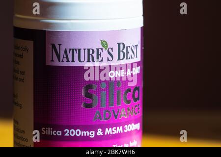 Close up of Natures Best one a day 200mg Silica food supplement in a pink tube Stock Photo