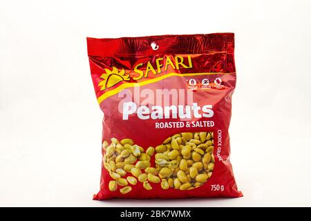 Alberton, South Africa - a packet of Safari roasted and salted peanuts isolated on a clear background image with copy space Stock Photo