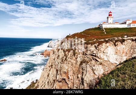Cabo da Roca, Cape Roca is a cape which forms the westernmost point of both mainland Portugal, mainland Europe and the Eurasian land mass. Sintra, Por Stock Photo
