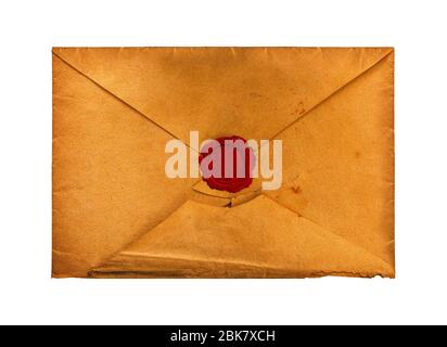 Close up old vintage weathered brown paper blank mailing envelope with retro styled red wax seal, elevated top view, directly above Stock Photo