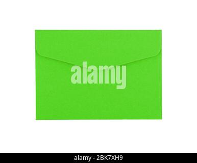 Closed blank vivid green paper envelope isolated on white background, flat lay, directly above Stock Photo