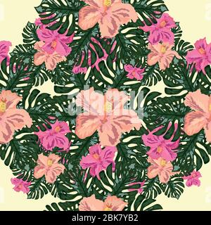 Exotic seamless pattern with tropical leaves and flowers on a black background. Striped background. Stock Vector