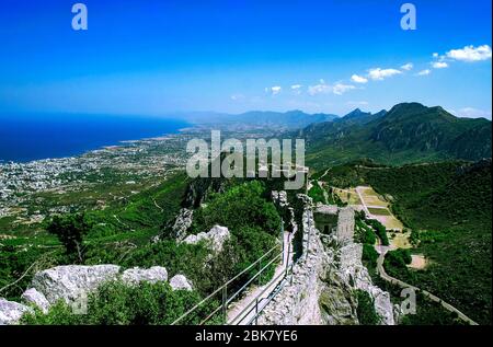 Landscape. View from the top of the mountain to the coastline of North Cyprus and the wall of the Castle of St. Hilarion. Cyprus, the castle of St. Hi Stock Photo