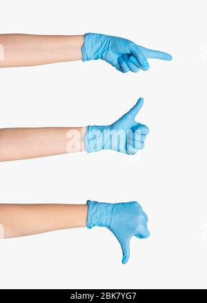 Collage with female hands in rubber gloves showing various gestures on white background Stock Photo