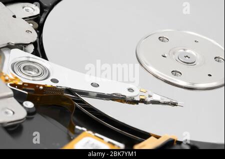 Computer hard drive. Close-up of disassembled hard drive . Stock Photo