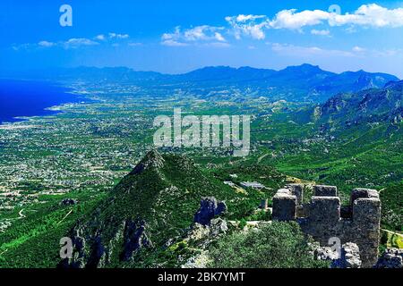 Landscape. View from the top of the mountain to the coastline of North Cyprus and the wall of the Castle of St. Hilarion. Cyprus, the castle of St. Hi Stock Photo