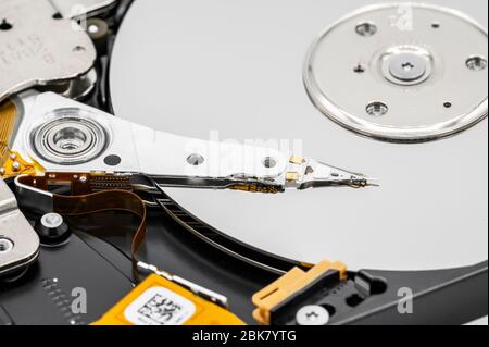 Computer hard drive. Close-up of disassembled hard drive . Stock Photo