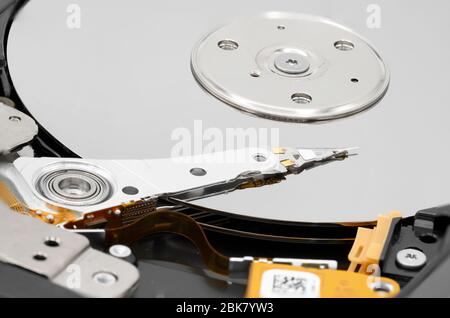 Computer hard drive. Close-up of disassembled hard drive . Stock Photo