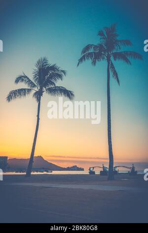 Retro Style Sunrise Over Waikiki Beach In Hawaii With Palm Trees Stock Photo