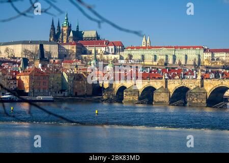 View of the Vltava River and the bridges shined with the sunset sun, Prague, the Czech Republic Stock Photo