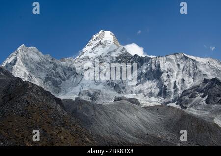 View of Ama Dablam from Ama Dablam Basecamp (4.570m) in Nepal Stock Photo