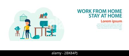 banner of cartoon version of working home and stay home with flat design Stock Vector