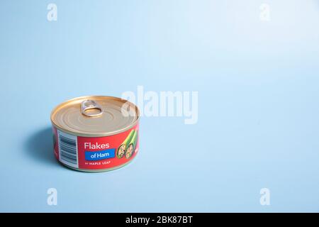 April 11, 2020: Halifax, Canada - a red contained of Maple Leaf ham in a can on a blue background Stock Photo