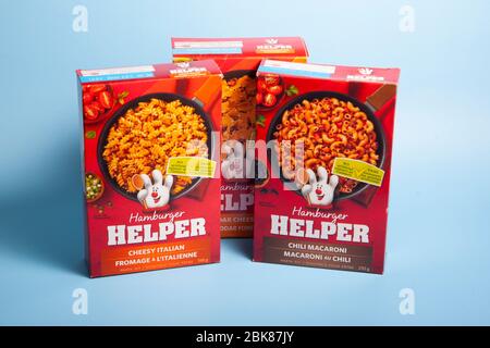 April 11, 2020- Halifax, Canada: Three different kinds of Hamburger Helper easy dinner packages Stock Photo