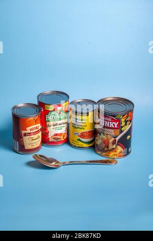 April 11, 2020 - Halifax, Canada: Chef Boyardee, Heinz and Campbells brand soups in cans Stock Photo